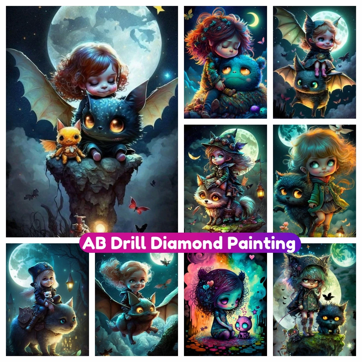 

AB Embroidery Diamond Painting New Arrivals Elf and Girl at Night Cross Stitch Kit Mosaic 5D DIY Full Drill Upholstery Home Deco