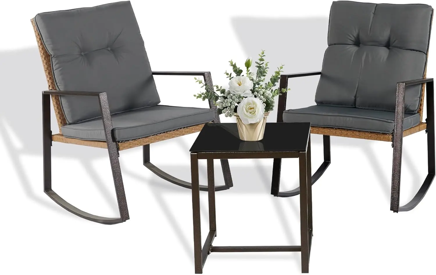 

VSMKSJ 3 Pieces Rocking Chairs Set Balcony Furniture Conversation Sets with Outdoor Table and Chairs,Washable Cushion for Porch,