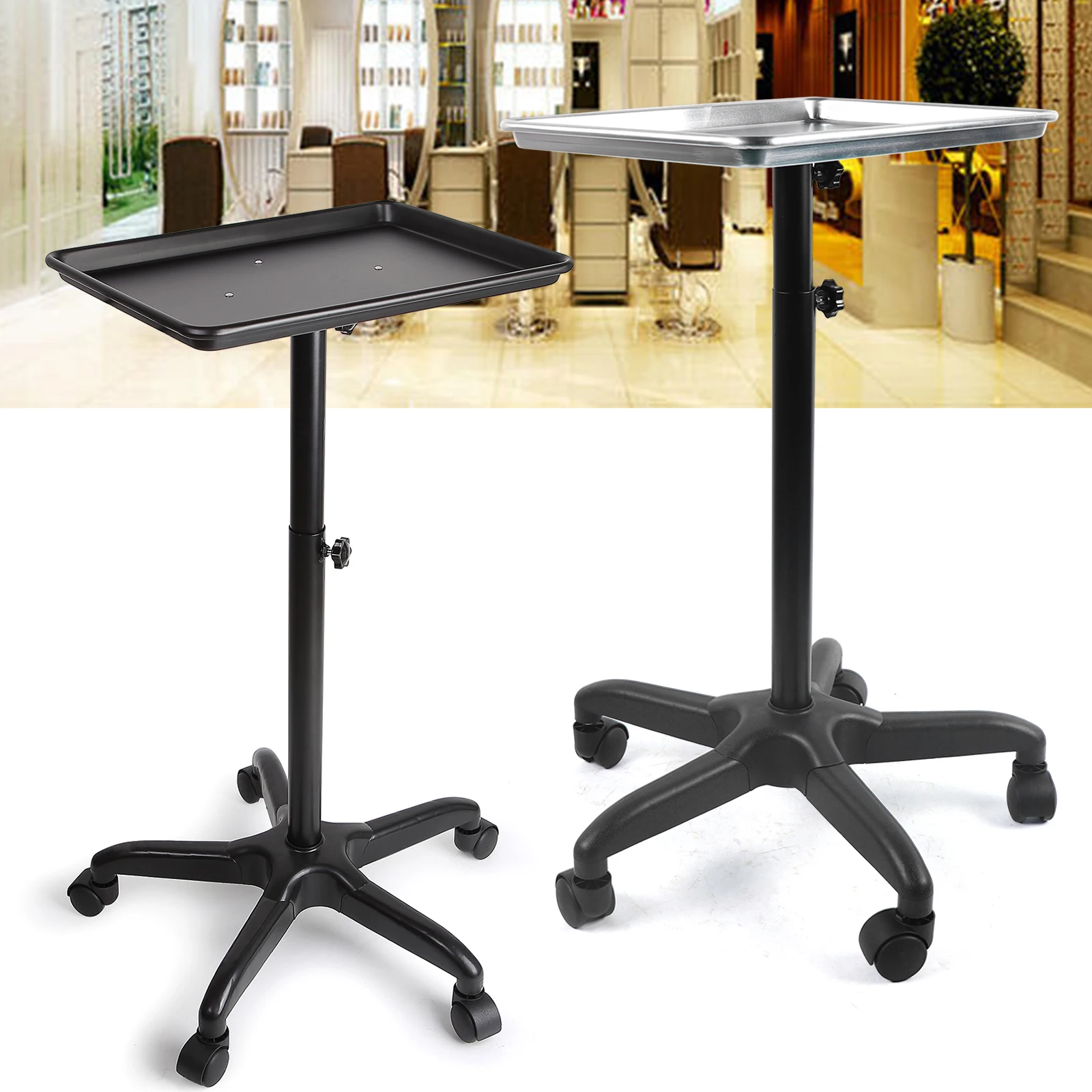 

Aluminum Alloy Tray Salon Spa Beauty Tattoo Metal Rolling Service Instrument Tray Stand Rolling Salon Service Cart