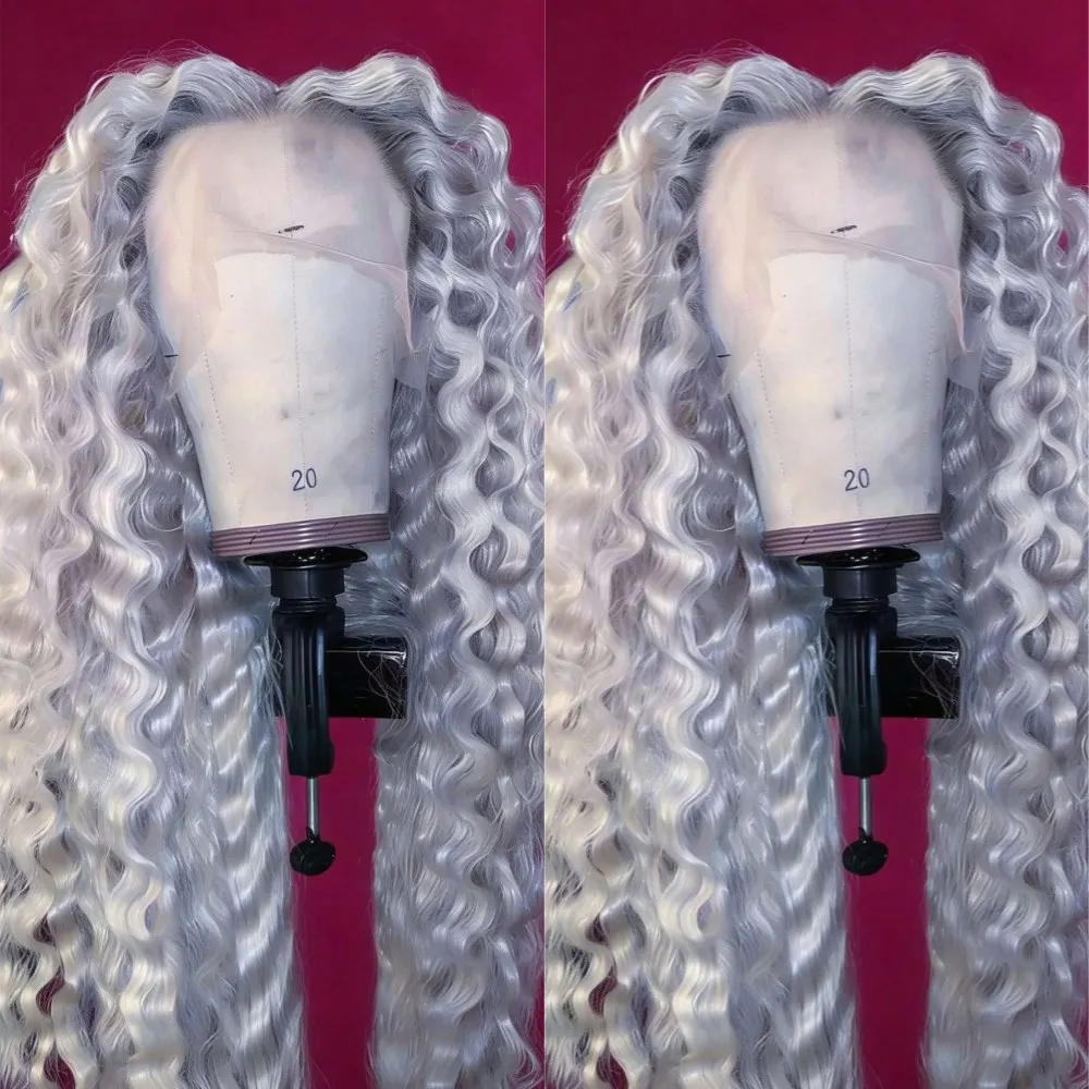 Glueless Grey Colored Deep Wave Human Hair Wigs For Women Silver Gray 13x4 Lace Wig Preplucked HD Transparent Lace Frontal Wig 1