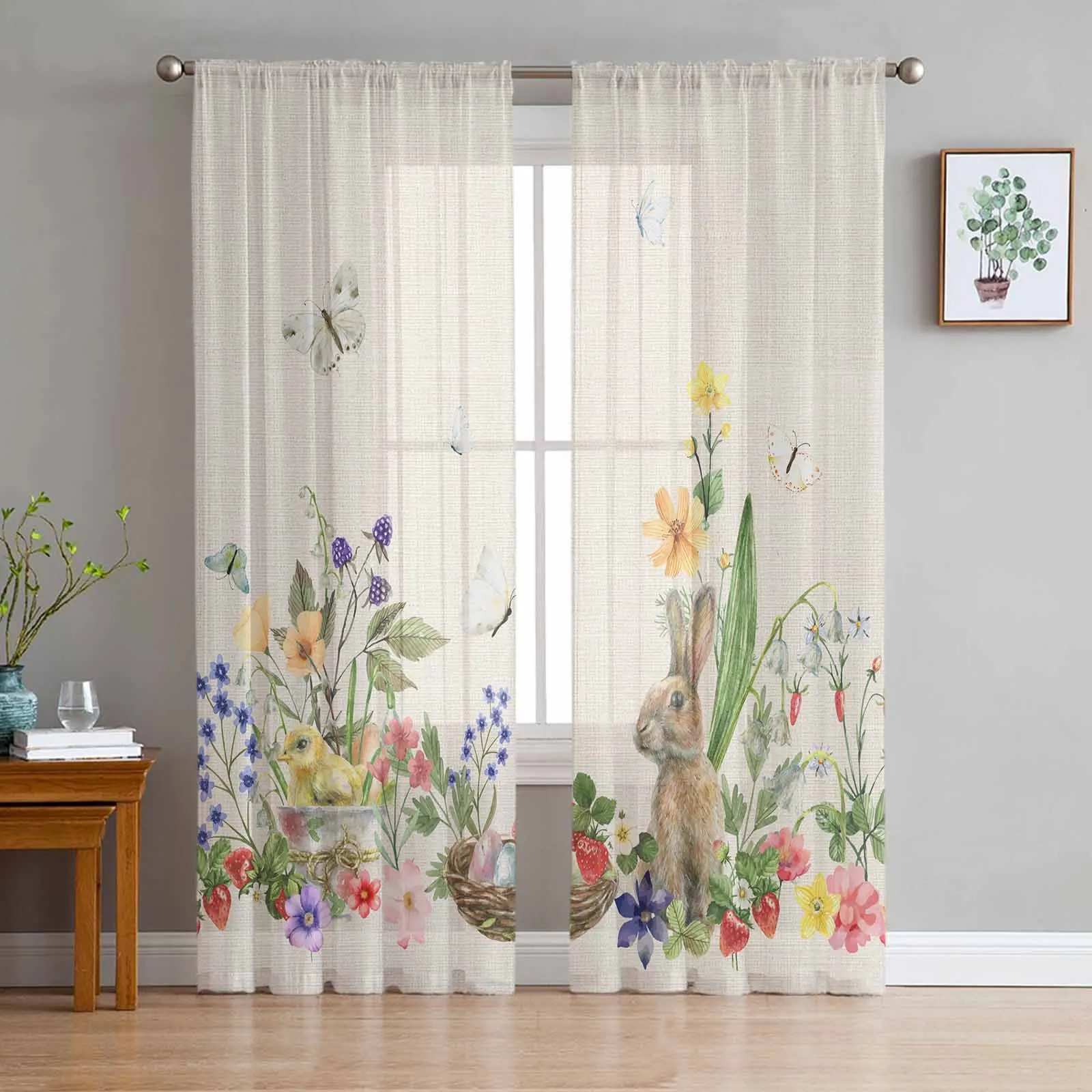 

Watercolor Rabbit Flower Butterfly Easter Tulle Curtains for Living Room Sheer Curtain for Bedroom Kitchen Blinds Voile Curtains