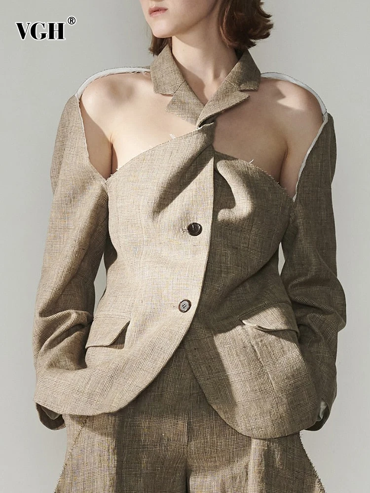 

VGH Hollow Out Blazers For Women Notched Collar Long Sleeve spliced single breasted Temperament Blazer Female Fashion Clothing