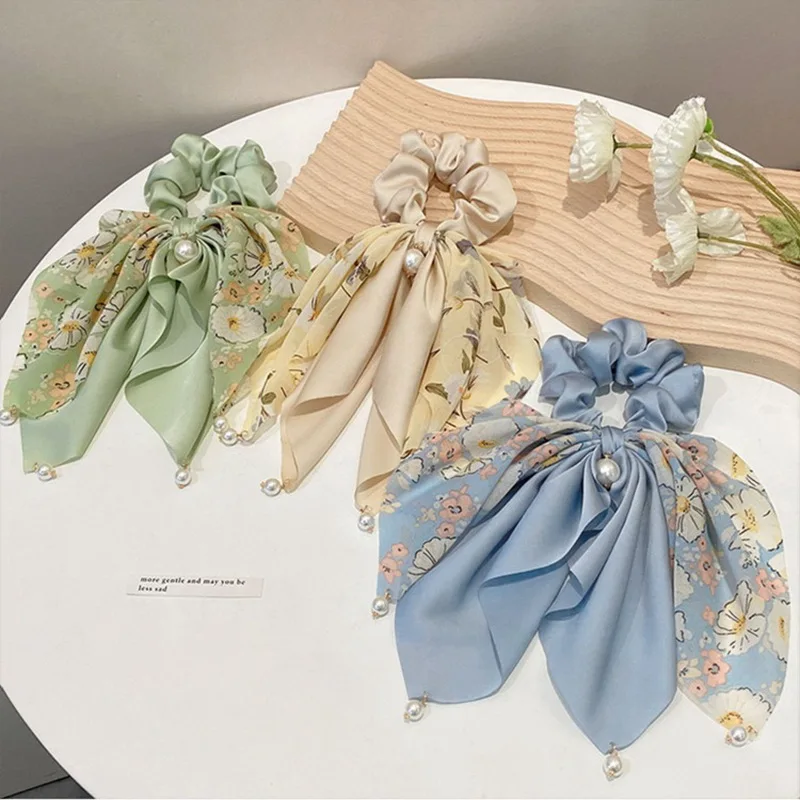 [TATIANA] 韓国☆Celina Ribbon pearl band scrunch Elegance Print Long Ribbon Hair Scrunchies for women Elastic