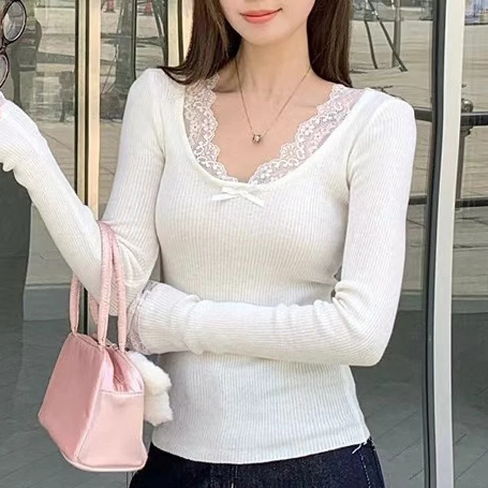 Lace Patchwork Knitted Sweater Top for Women