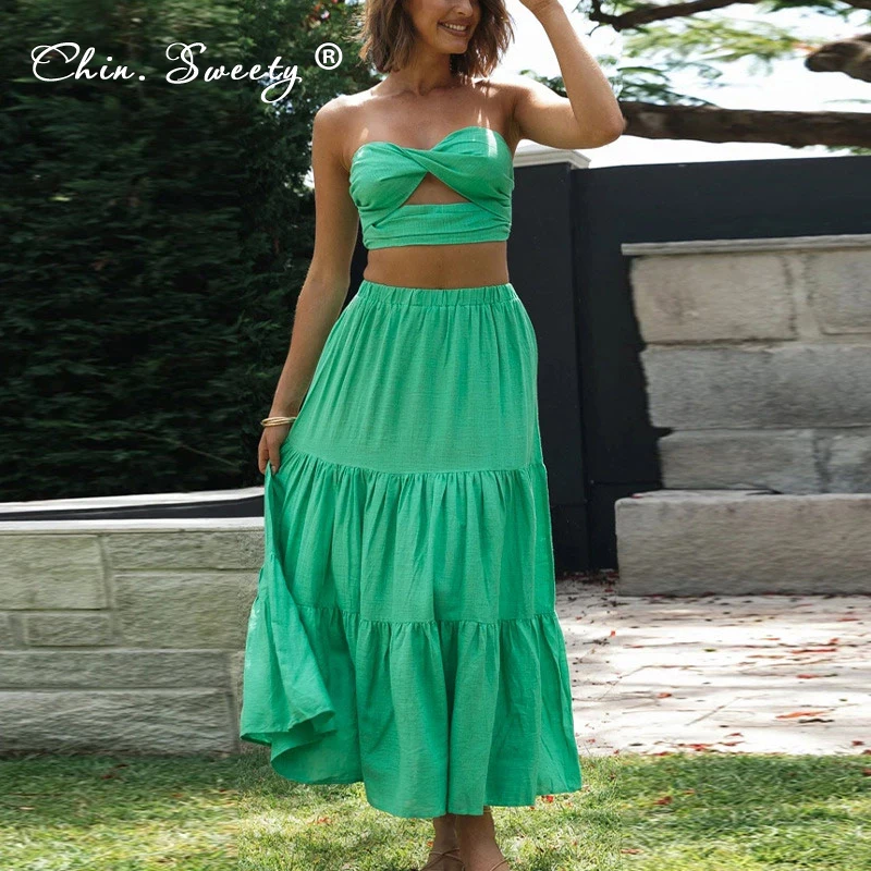Women Chest Wrapping Tank Long Skirt Suit Sexy Backless Sleeveless Vest Elegant Skirts Suits 2022 Green Lady Dress 2 Piece Set |