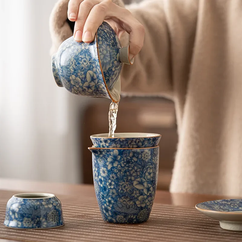 130ml Chinese Antique Ru Kiln Flowers Tea Tureen Covered Bowl Ceramic Gaiwan Teacup Household Tea Separator Travel Teaware
