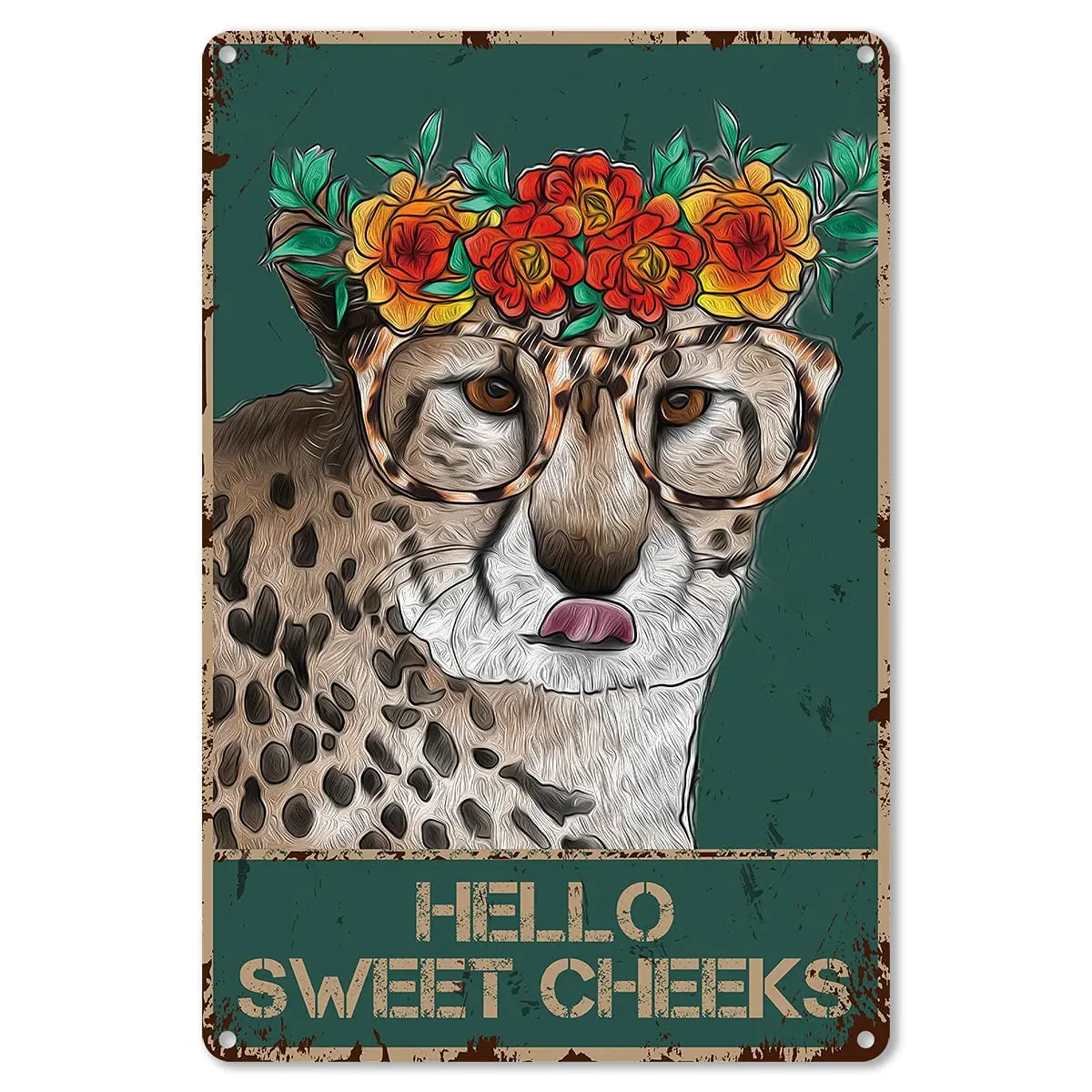 

Bathroom Quote Metal Tin Sign Wall Decor - Vintage Hello Sweet Cheeks Leopard Foral Crown Tin Sign for Toilet Bathroom Washroom