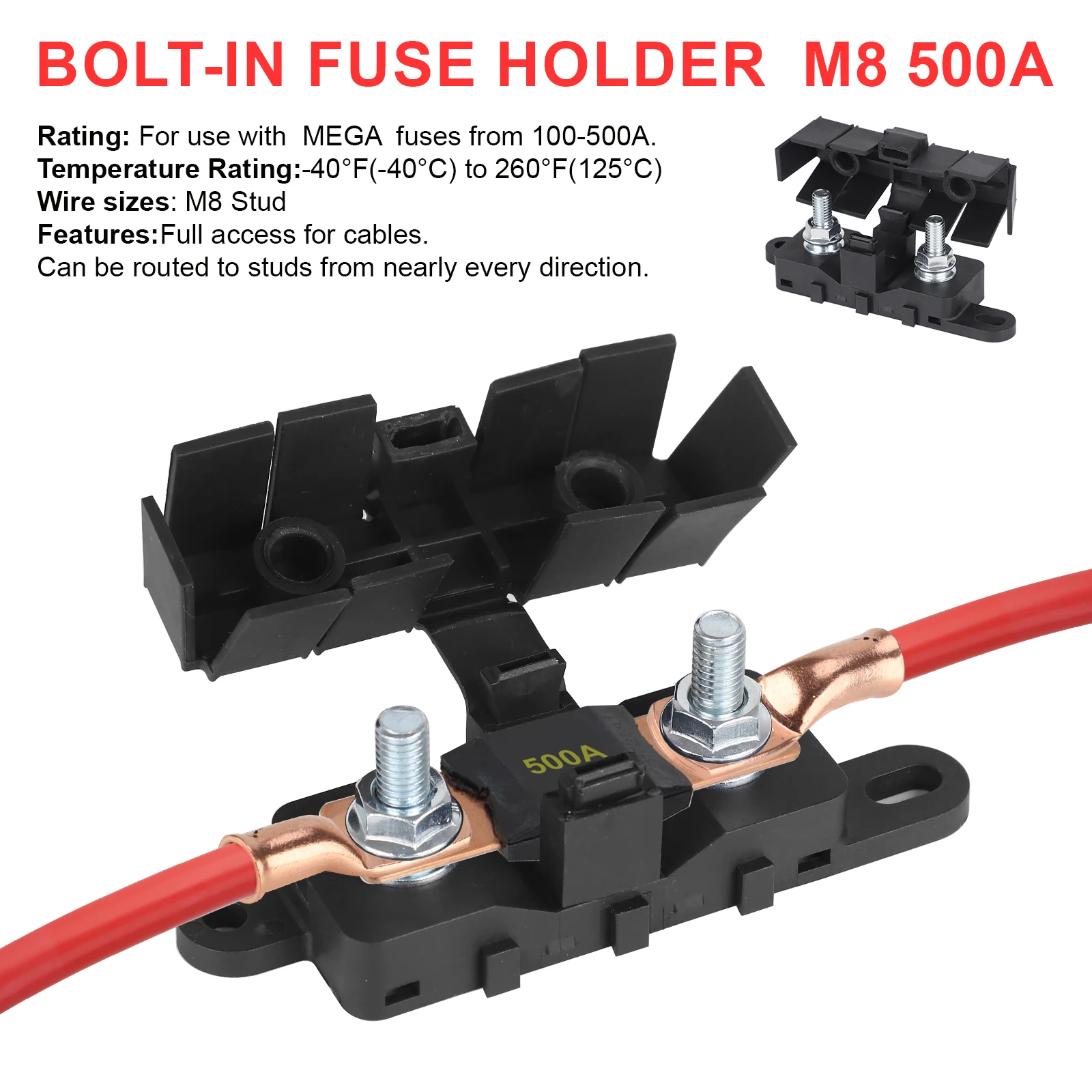 FLEX-MEGA Fuse Holder 500A 70V Bolt Down Auto Fuse Block/Holder For Car RV Boat M8 Stud Hole Flammability Rating UL94 Black