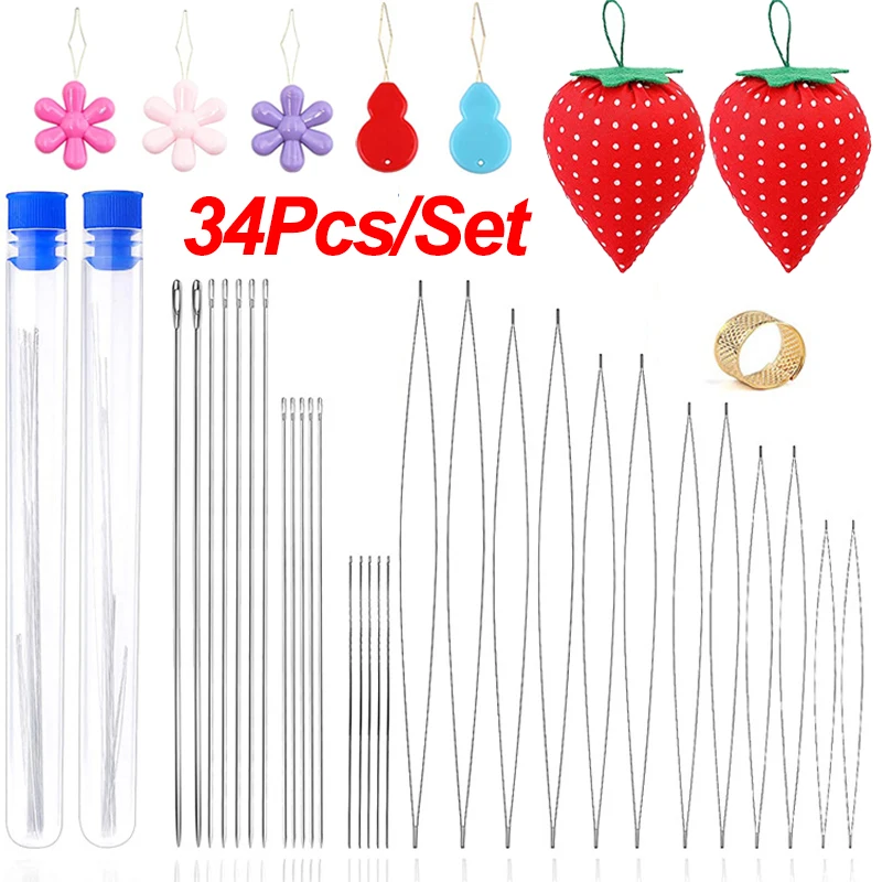 34 PCS Beading Needles Set, Assorted Size Seed Beads Needles For Jewelry Making Include Long Straight Beading Thread Needles Big Eye Beading Needle Threaders Thimble And Needle Bottle Beading Supplies