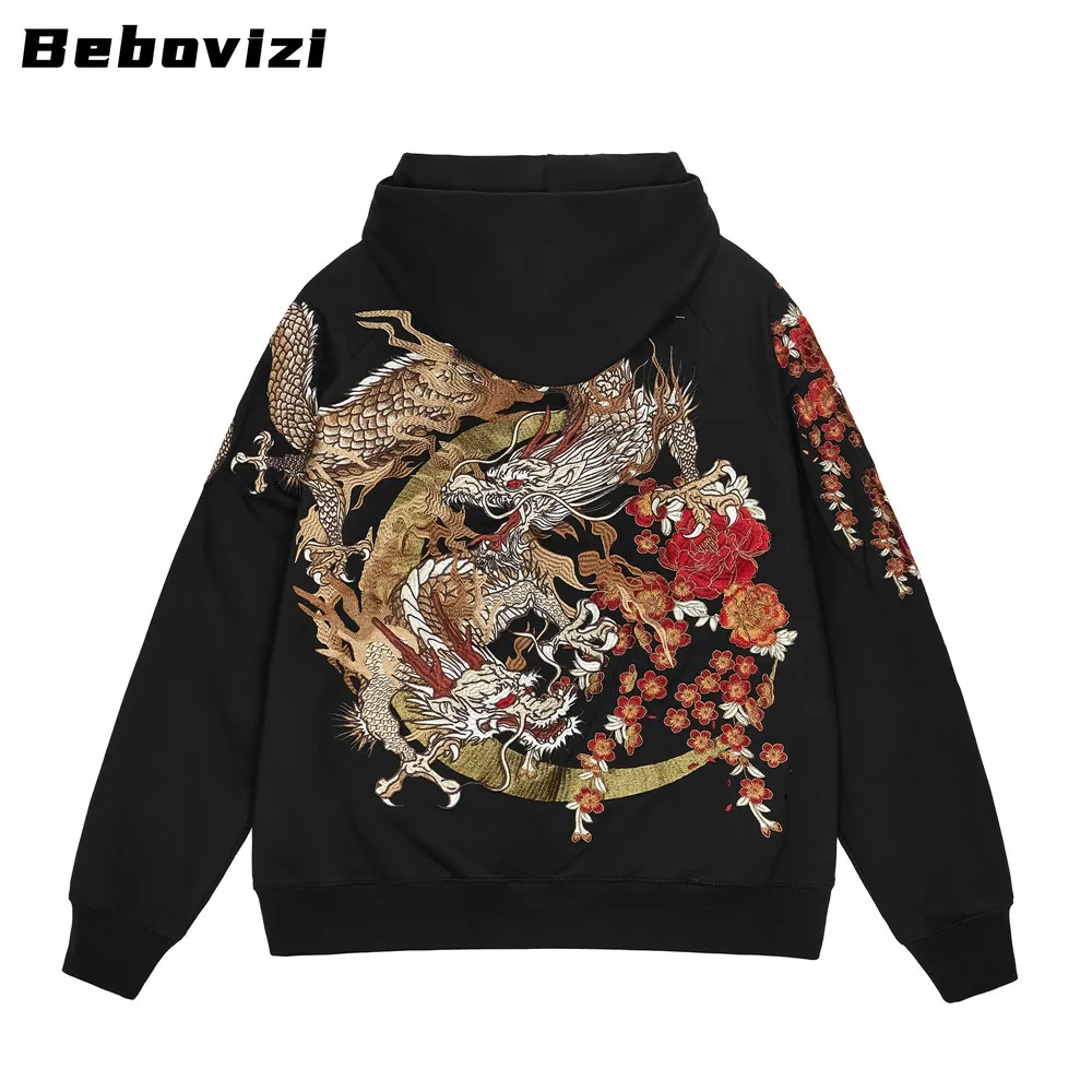 High Quality Chinese Dragon Flower Embroidery Hip Hop Black Hoodie