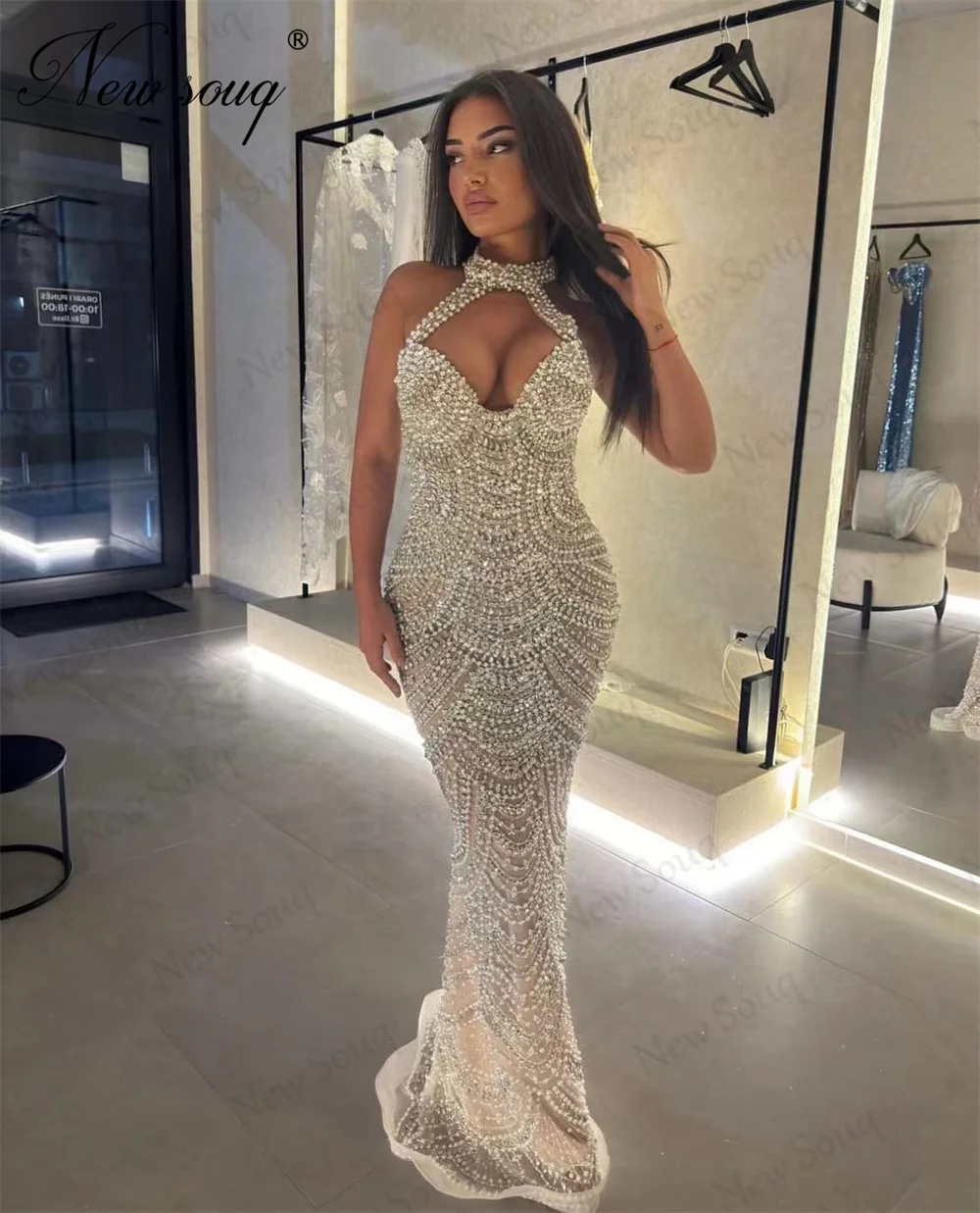 

Великолепные вечерние платья с лямкой на шее, женское платье ручной работы из арабского Дубая без рукавов с кристаллами для свадебной вечеринки