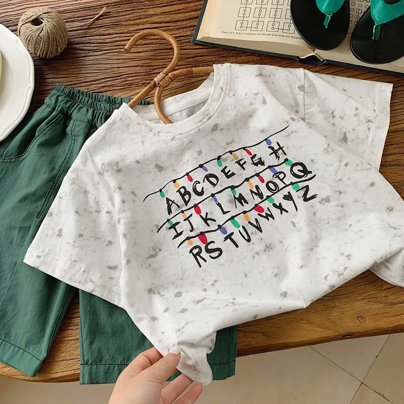

2024 830507 Summer Fashion Set Letter T-shirt+Green Shorts Two piece Set for Boys and Girls Outdoor Clothing
