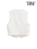 TRAF Women Fashion Front Buttons Cropped Waistcoat Vintage V Neck Sleeveless Female Outerwear Chic Tops 2