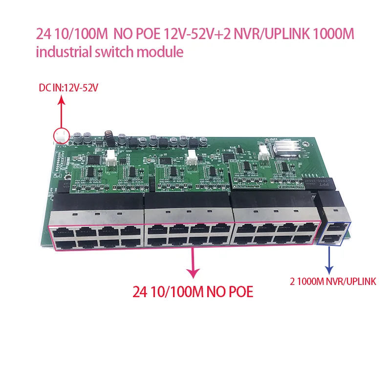 Неуправляемый 24 порта 10/100M 12V-52V 24 порт 100M порт с 2 1000M NVR/UPLINK промышленный модуль PCBA плата