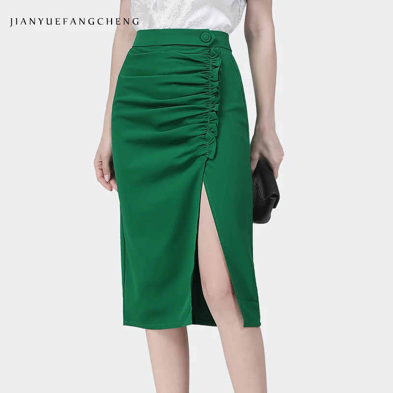 

2022 Summer Straight Green Pencil Skirt Women High Waist Shirring Midi Wrap Skirts Elegant Sexy Bodycon Office Ladies Bottoms