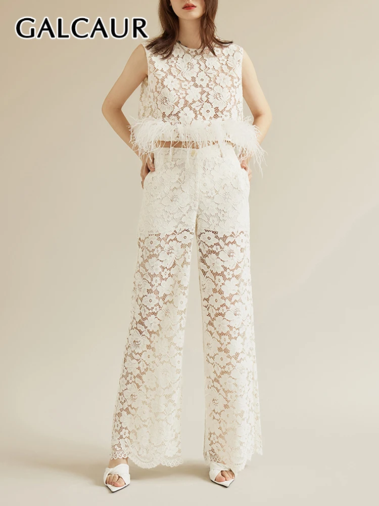 

GALCAUR Hollow Out Two Piece Sets Round Neck Sleeveless Patchwork Feather Tops High Waist Loose Pants Elegant Solid Sets Female
