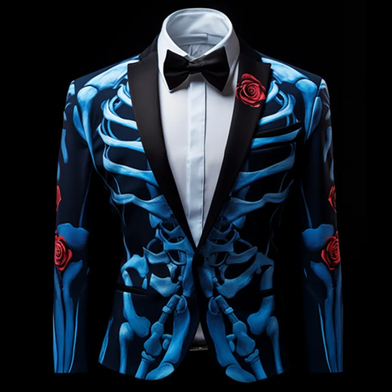 Men's digital printing Skeleton terror suit Cosplay party stage clothes nightclub performance coat Blazers Jacket