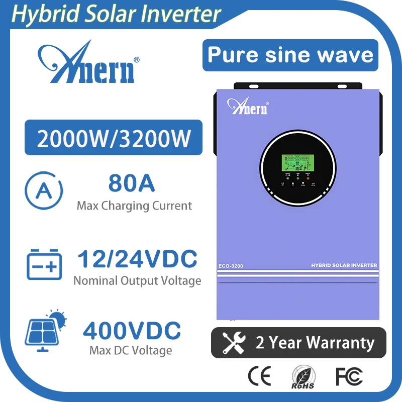 

Anern 3.2KW 2KW Hybrid Solar Inverter 24V 220V 80A With MPPT Solar Charge Controller Pure Sine Wave 3200W 2KVA Off Grid Inverter