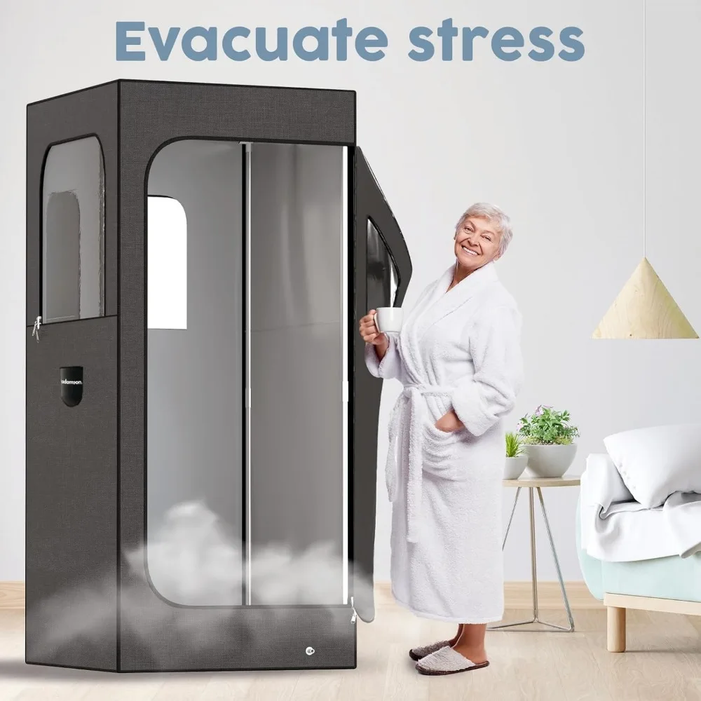 Full Sized Steam Sauna Room, Nylon Black 2.6L 1000W Steamer with Chair+remote Control+foot Massager, Indoor Portable Sauna Room 4