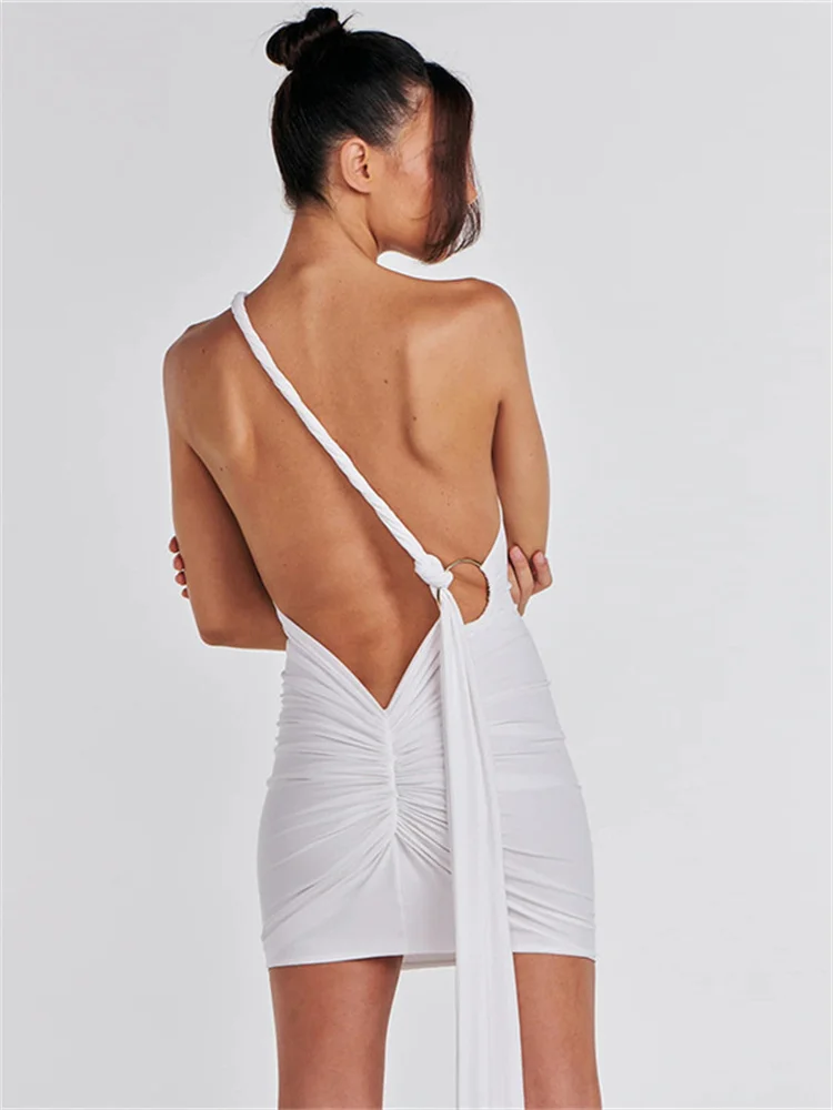 

Fashion Sexy Diagonal Collar Ruched White Mini Dresses Women Club Party Backless Pleated Elegant Y2k Clothes 2023 Summer