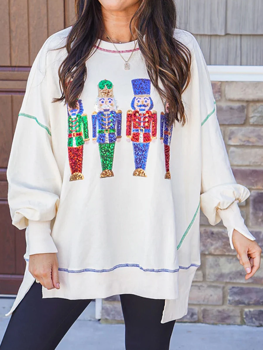 thumbnail image 1 of Sudadera con estampado de Cascanueces Y2k para mujer, suéter navideño con lentejuelas, camisa de Cascanueces, jersey de manga larga con cuello redondo, 1 of 4