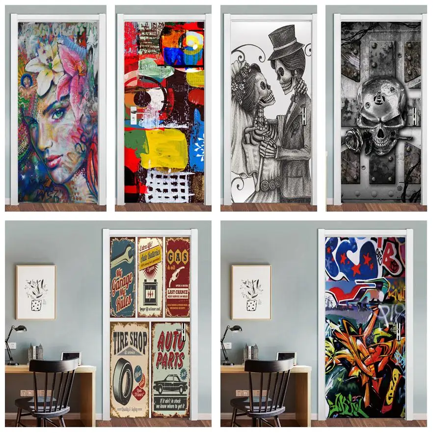

3D PVC graffiti stickers Door wallpaper living room bedroom decoration Skull wall Decal art poster