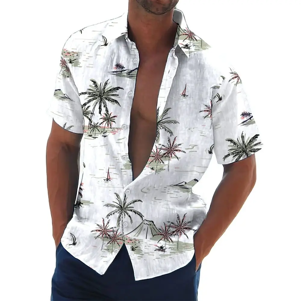 Hawaiian Shirts For Mens 3D Coconut Tree Print Short Sleeve Shirt Blouse Beach Holiday T-Shirts Oversized Tee Shirt Men Clothes