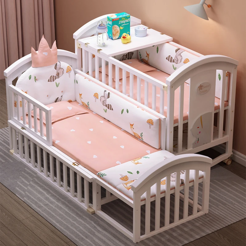 Baby crib Solid wood spliced multifunctional movable cradle rest chair European style children's bed