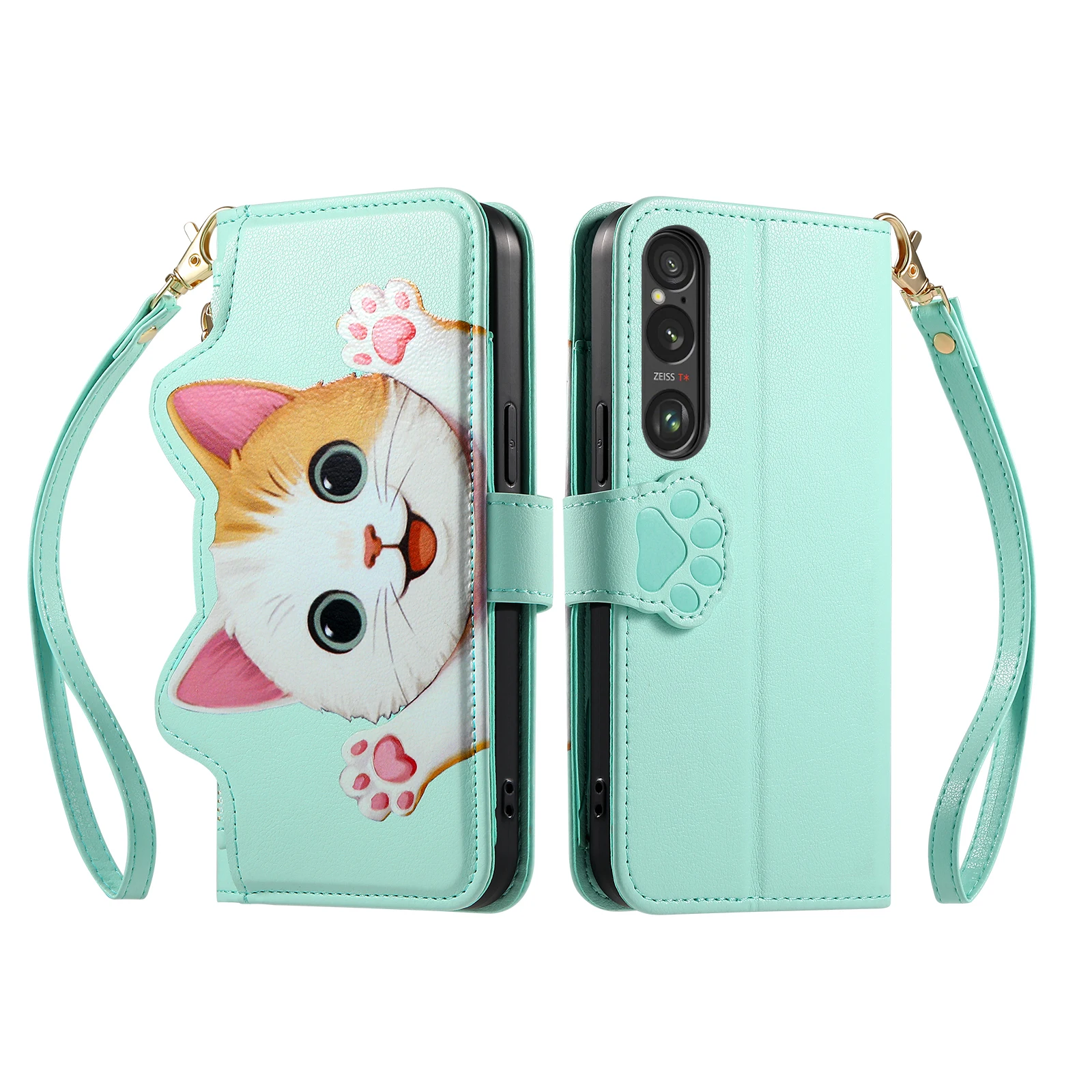 Cat Pattern Crossbody Leather Wallet Case with Stand and Strap