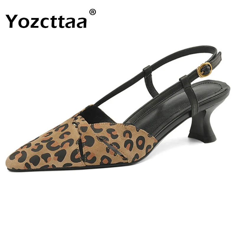 

Yozcttaa Size 33-40 Women Sexy Leopard Sandals Suede Real Leather Kitten High Heels Summer Slingback Shoes Sexy Party Office