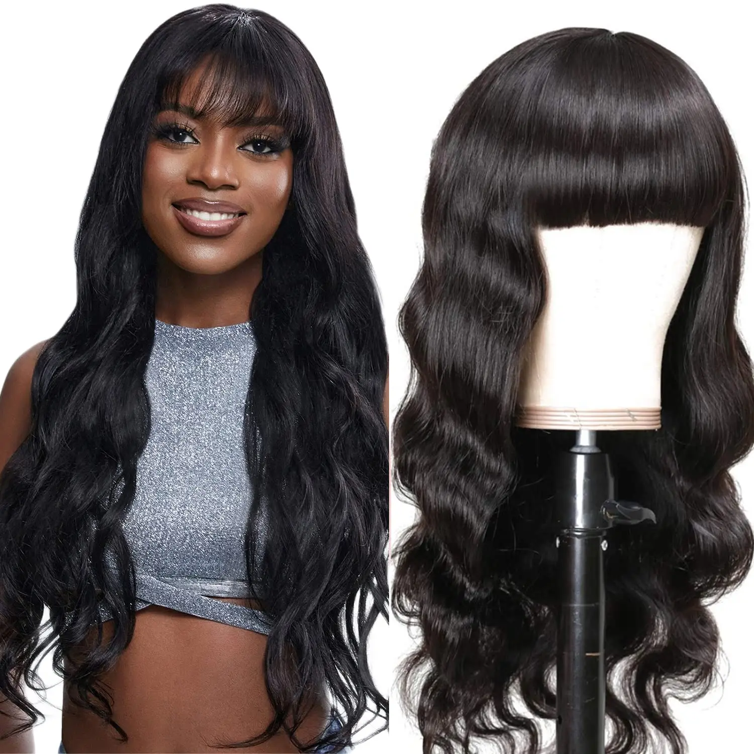 

Full Machine Made Body Wave Wig With Bangs 30 inch Human Hair Wig Fringe Wigs 180 Density Brazilian Remy Hair Glueless Wig