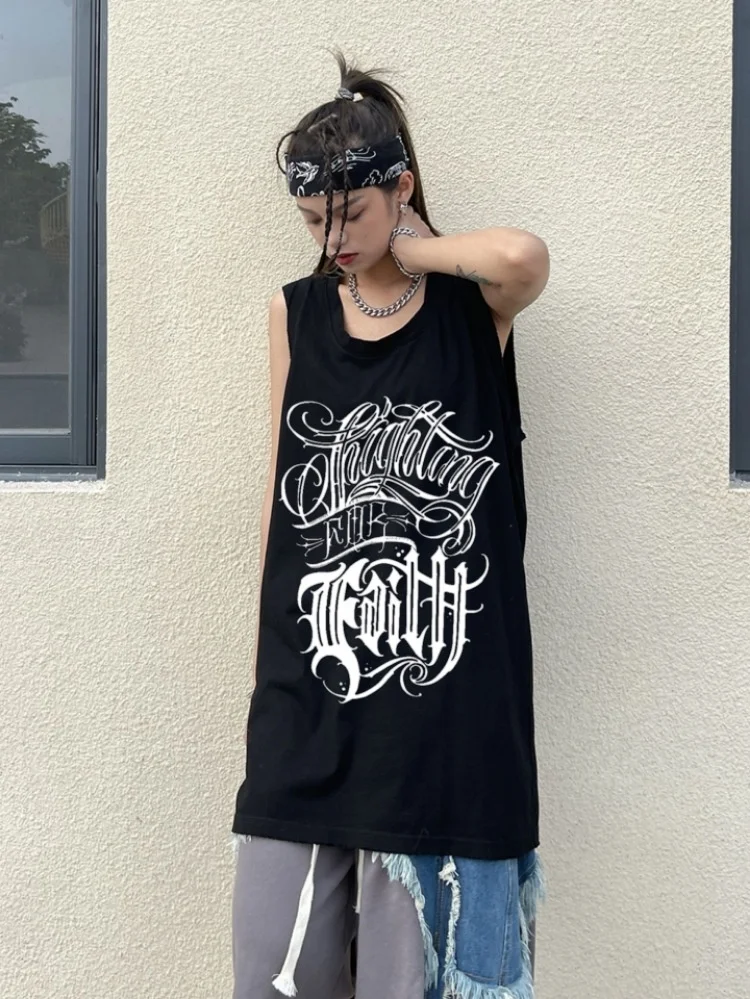 

100% Cotton T-shirt Couple Letter Printed Black Top Men And Women's Summer Sleeveless Long Loose Rock Punk Vest