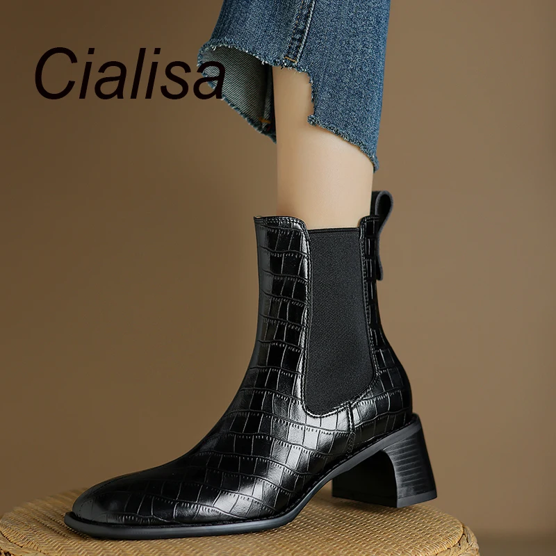 

Cialisa Fashion Short Boots For Women Vintage Square Toe Genuine Leather Handmade Shoes 2023 Autumn Winter High Heel Ankle Boots