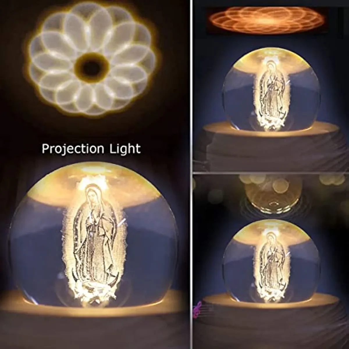 3D Rechargeable Guadalupe Crystal Ball Music Box with Led Projection Light and Rotating Wooden Base Creative Wooden Virgin Mary