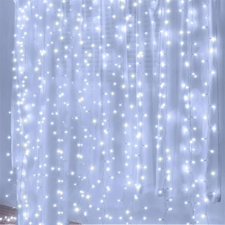 thumbnail image 1 of Cortina de luces LED de 3 x 2/3 x 3/6 x 3 m, 8 modos, cortina de luces navideñas para ventana, luces LED para exteriores, carámbanos para decoración navideña, 1 of 5