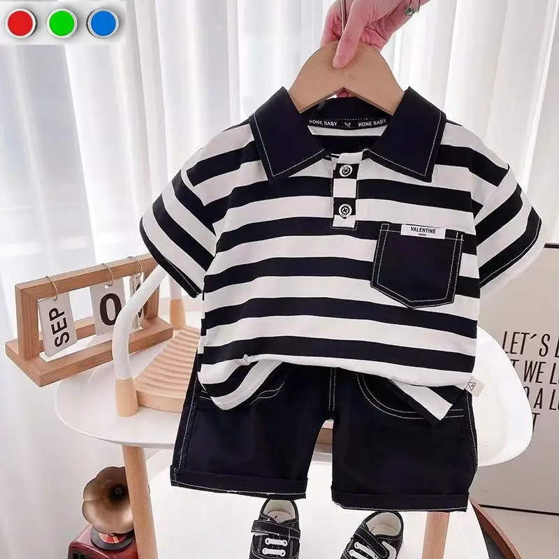 

Детская одежда в Корейском стиле, красивая рубашка-поло и шорты, комплект из двух предметов, Летний Тонкий Детский комплект с полосатым верхом и низом