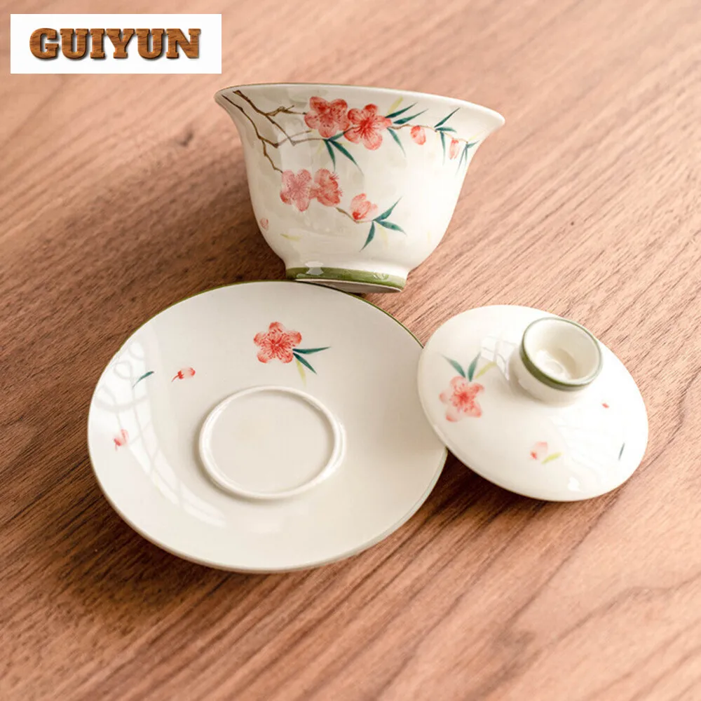 110ml Hand-painted Peach Blossom Gaiwan Traditional Three Talent Tea Tureen Tea Maker Cover Bowl Services Supplies Craft