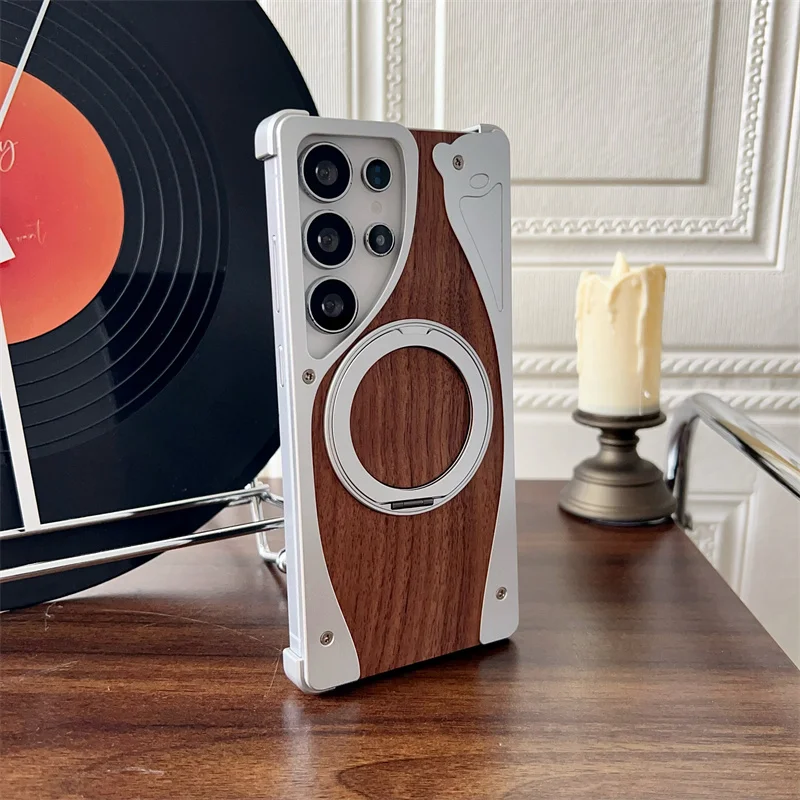 Walnut Wood Metal Armor Case with 360° Rotating Magnetic Bracket - Shockproof Cover