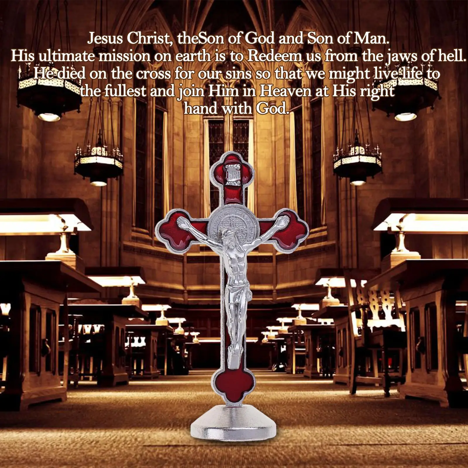 Catholic Crucifix Statue St Benedict Standing Alloy Cross Sculpture for Religious Items Home Decor