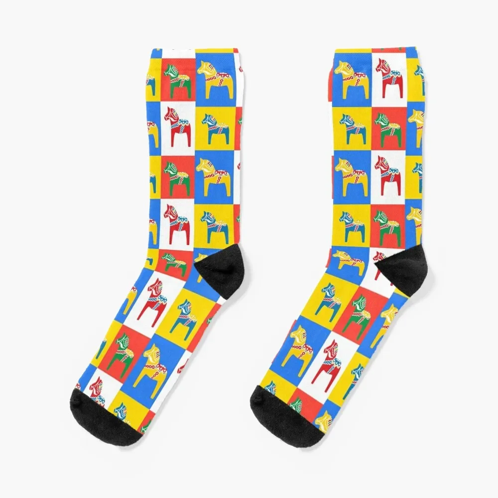 

Dala Horses Dalarna Squares Sweden Horse Dalecarlian Swedish Colorful Dala Host Socks luxury Socks Man Women's