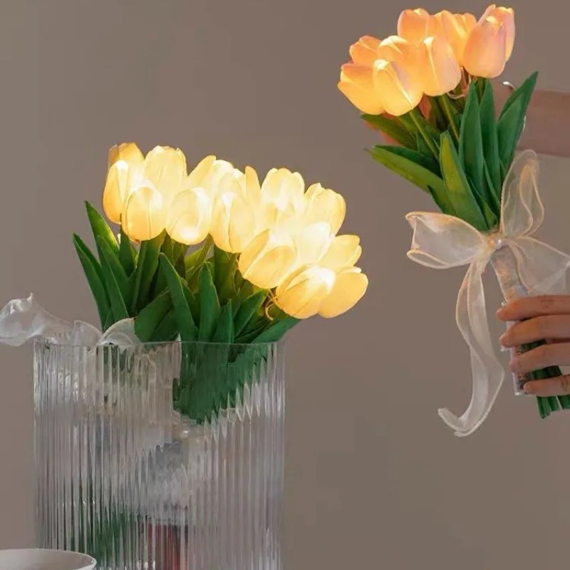LED night light 5/10pcs LED Tulips Bouquet for Home Garden Artificial Flowers PU Tulip Fake Flower Decoration Wedding Birthday Gift
