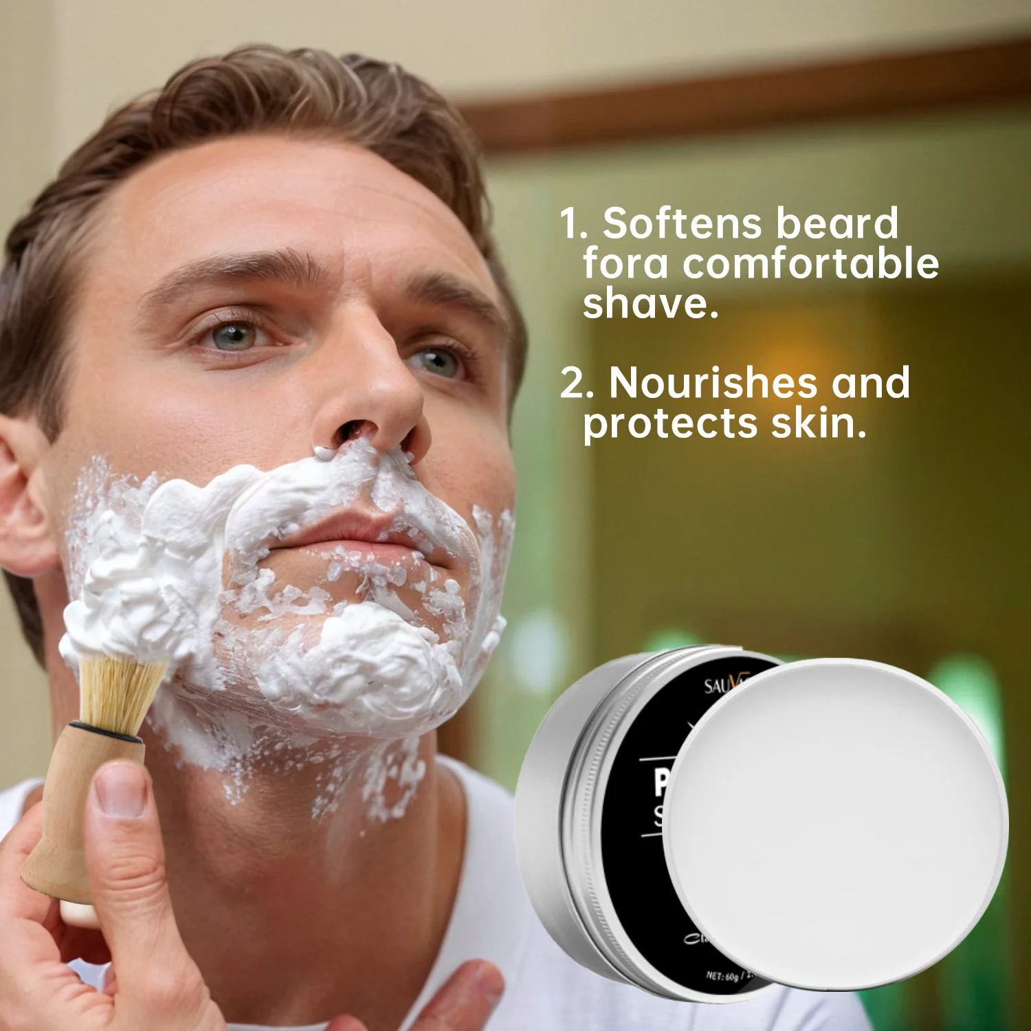 Mint Shaving Cream 60g with Brush Softens Beard for Comfortable Shave Nourishes and Protects Skin Shaving Soap
