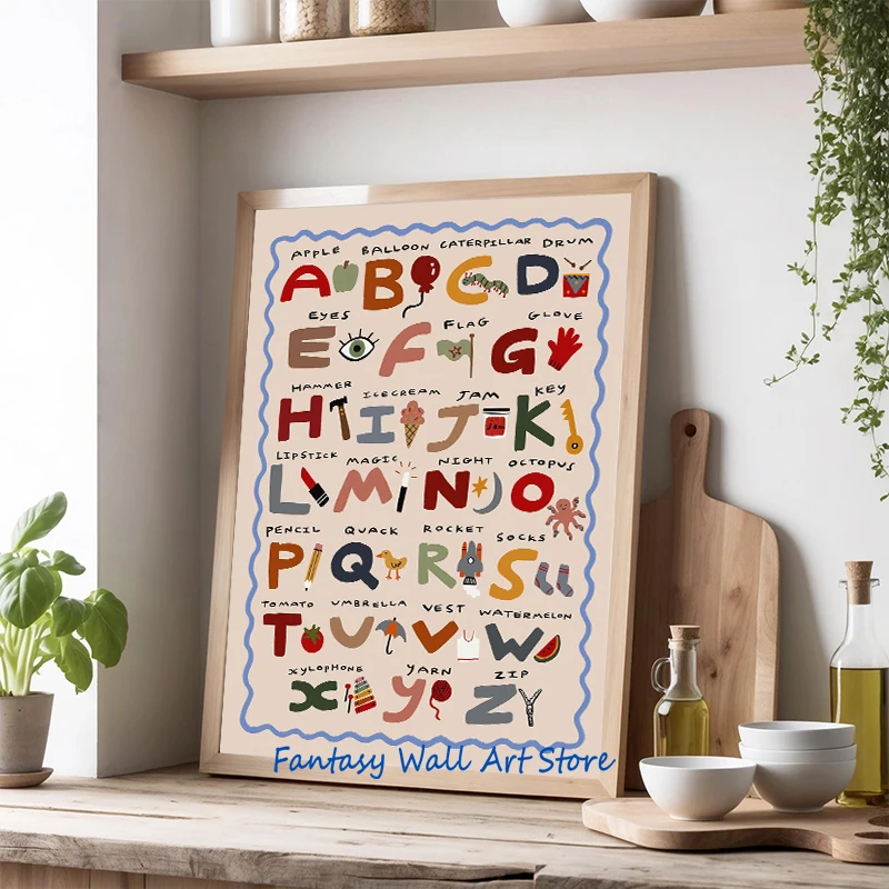 Poster su Tela con Primi Esercizi di Scrittura, Alfabeto, Numeri, Insetti, Stile Boho, Disegni Artistici per Cameretta Bambini - immagine 2