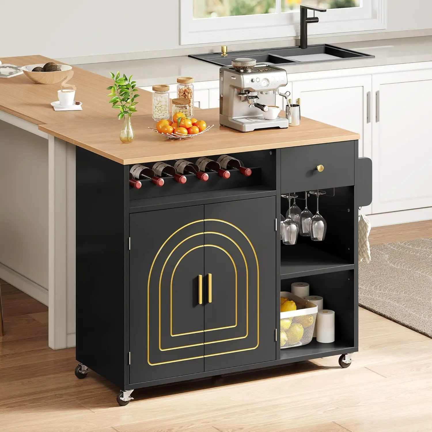Kitchen Island with Folding Drop Leaf, Rolling Kitchen Cart with 2 Gilded Cabinet Doors, Island Cabinet on Wheels