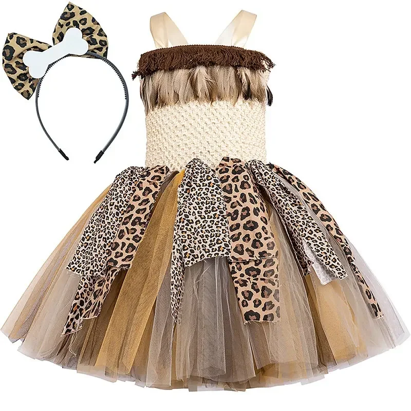 thumbnail image 1 of Vestido con tutú de cavernícola primitivo salvaje para niñas, disfraz indígena indio de leopardo, ropa para fiesta de Halloween, carnaval y jungla, 1 of 5