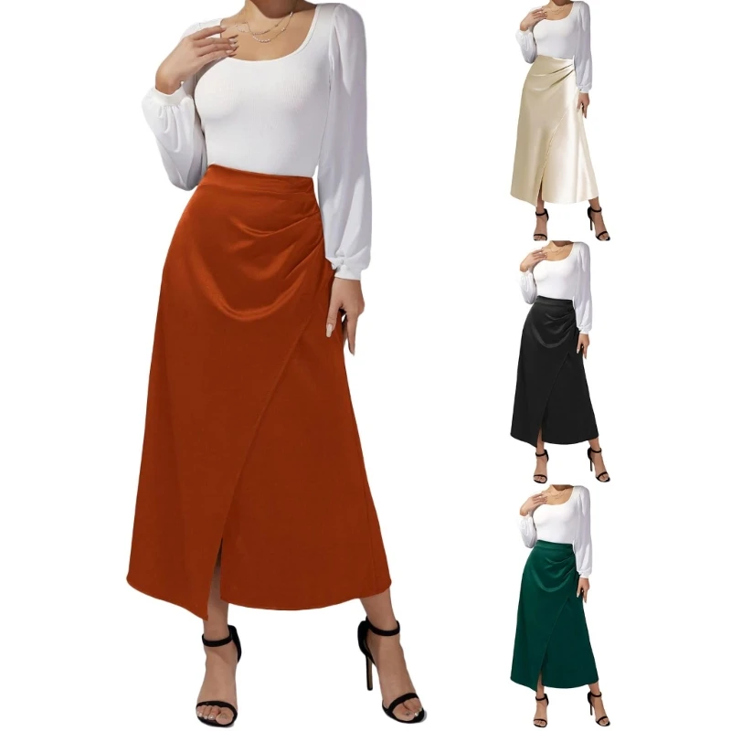 

Women's Long Satins Skirt Elegant High Waist Cocktail Party Ruched Bodycon Skirt