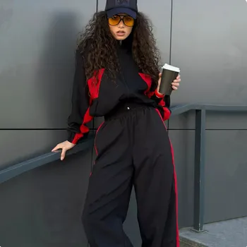 Fashion Color-blocking 2 Pcs Sets Women Long Sleeve Zip Loose Jackets And Straight-leg Pants Set Outfits Street Tracksuits