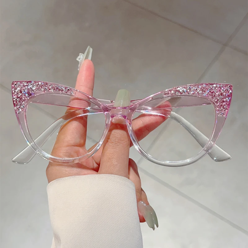 Women Fashion Eyeglasses Cat Eye Multi Color Frame Crystal Shiny Non-prescription