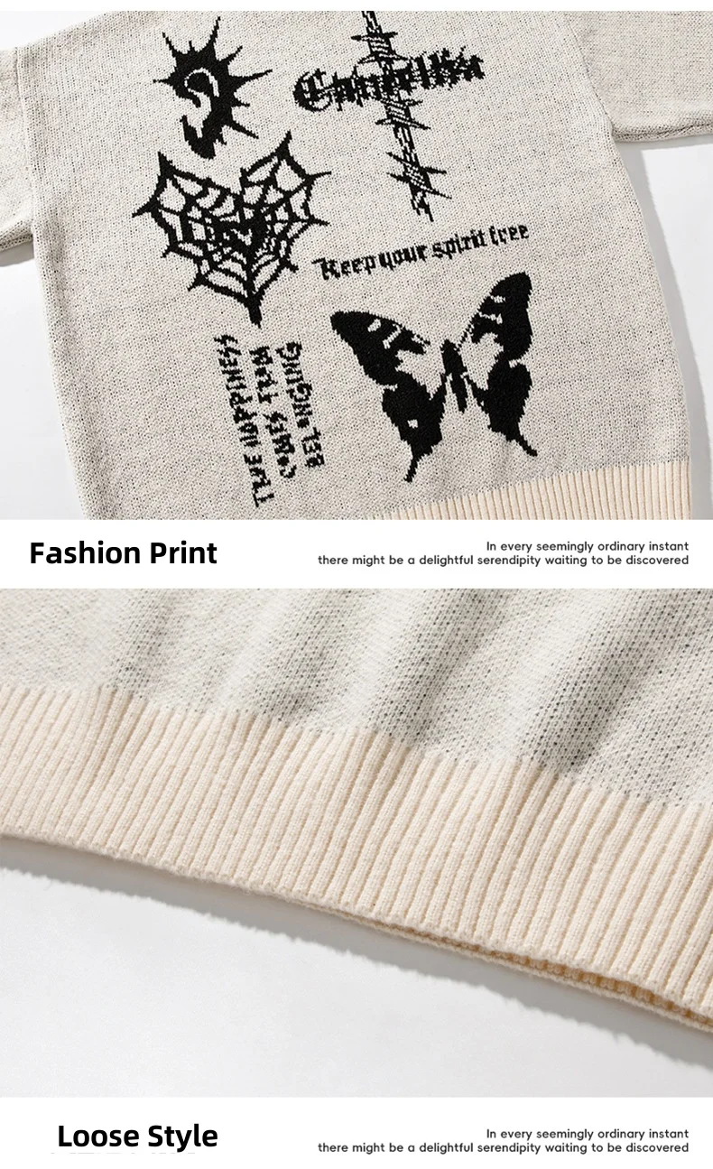 Retro Print Pattern Sweater Men's Women Autumn Winter Warm Pullover Sweater Round Neck Knit Sweater Soft 6