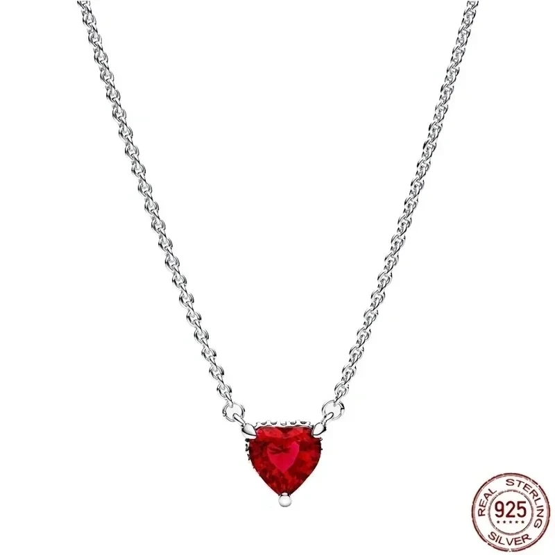 Colgante clásico de Plata de Ley 925 con corazones redondos brillantes, collar cuadrado, compatible con Pandora original, joyería artesanal, regalos para parejas